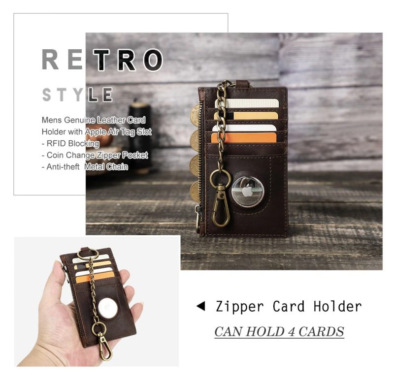 BUGOLINI INVENIRE - Genuine Leather Wallet RFID with Room for 4 Cards - Coins - IOS Airtag With Anti-Theft Chain - Brown - Image 3