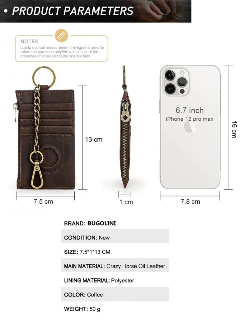 BUGOLINI INVENIRE - Genuine Leather Wallet RFID with Room for 4 Cards - Coins - IOS Airtag With Anti-Theft Chain - Brown - Image 4