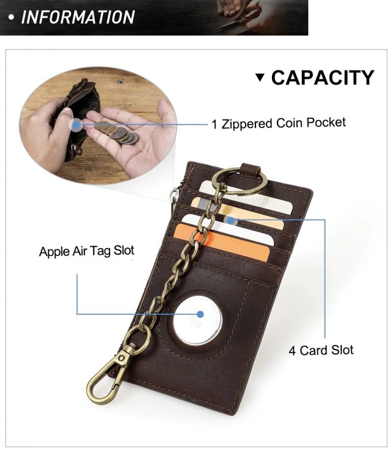 BUGOLINI INVENIRE - Genuine Leather Wallet RFID with Room for 4 Cards - Coins - IOS Airtag With Anti-Theft Chain - Brown - Image 5