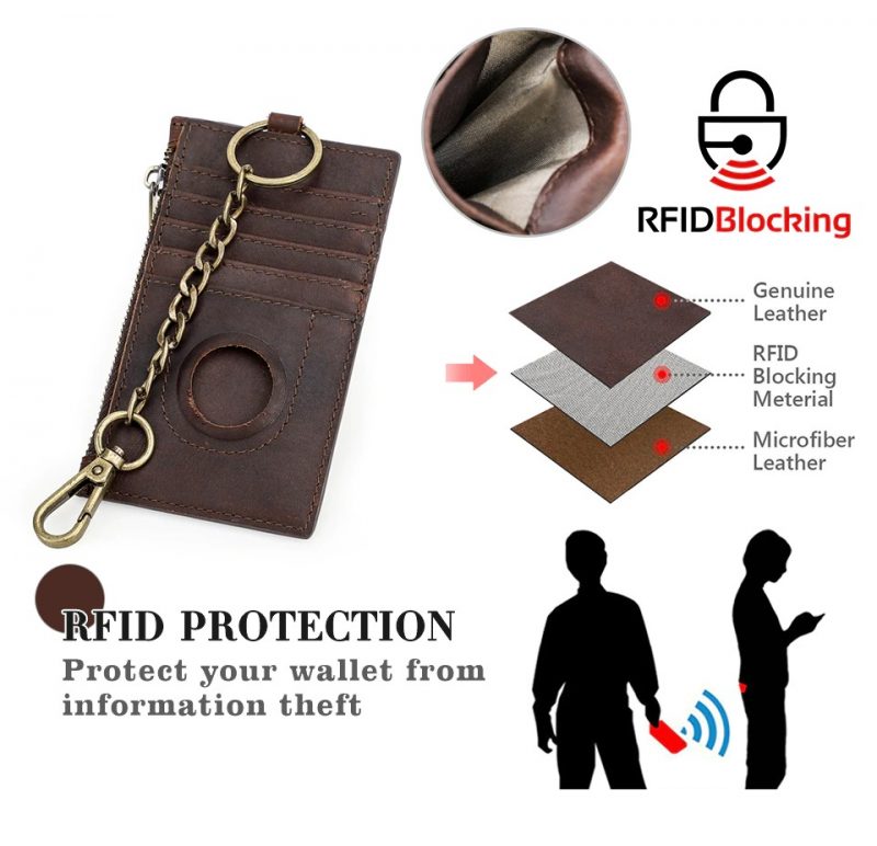 BUGOLINI INVENIRE - Genuine Leather Wallet RFID with Room for 4 Cards - Coins - IOS Airtag With Anti-Theft Chain - Brown - Image 8