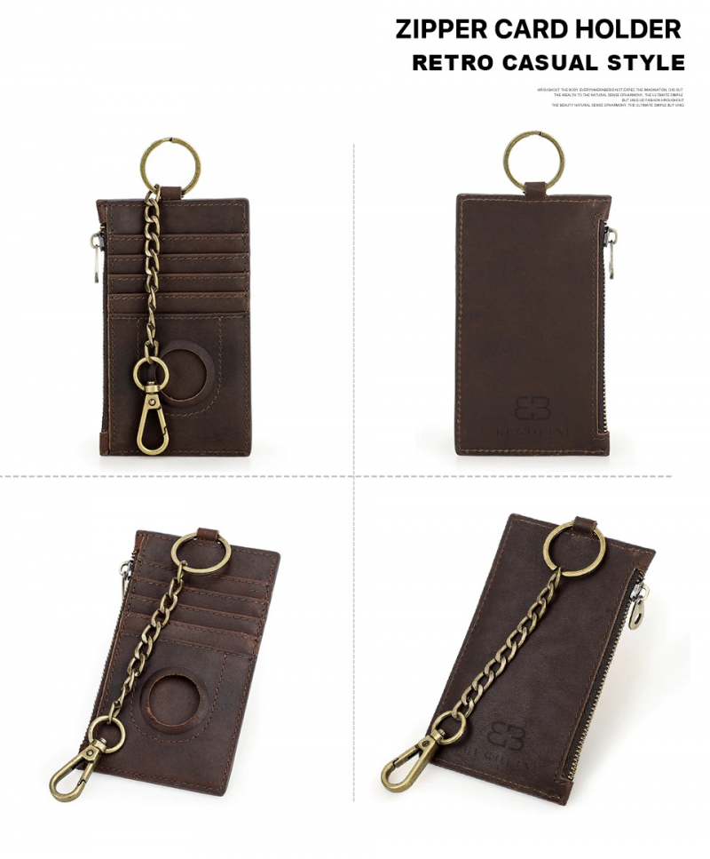 BUGOLINI INVENIRE - Genuine Leather Wallet RFID with Room for 4 Cards - Coins - IOS Airtag With Anti-Theft Chain - Brown - Image 9