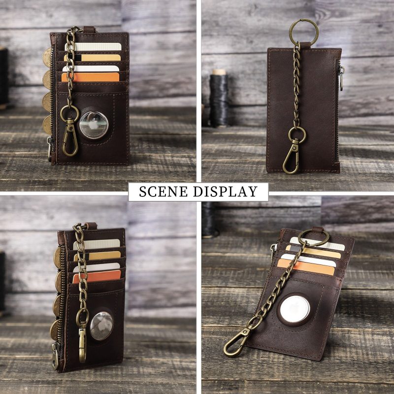 BUGOLINI INVENIRE - Genuine Leather Wallet RFID with Room for 4 Cards - Coins - IOS Airtag With Anti-Theft Chain - Brown - Image 11