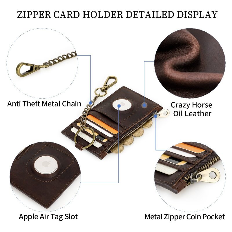 BUGOLINI INVENIRE - Genuine Leather Wallet RFID with Room for 4 Cards - Coins - IOS Airtag With Anti-Theft Chain - Brown - Image 12