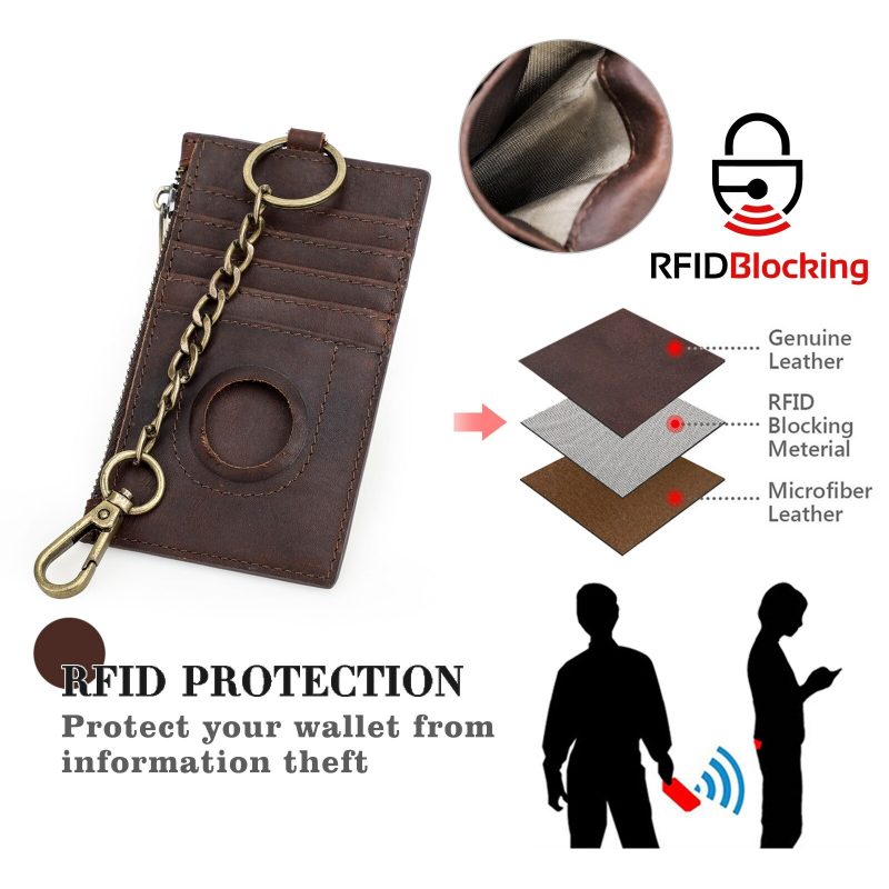 BUGOLINI INVENIRE - Genuine Leather Wallet RFID with Room for 4 Cards - Coins - IOS Airtag With Anti-Theft Chain - Brown - Image 14