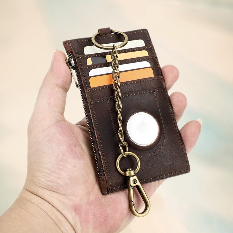 BUGOLINI INVENIRE - Genuine Leather Wallet RFID with Room for 4 Cards - Coins - IOS Airtag With Anti-Theft Chain - Brown - Image 15