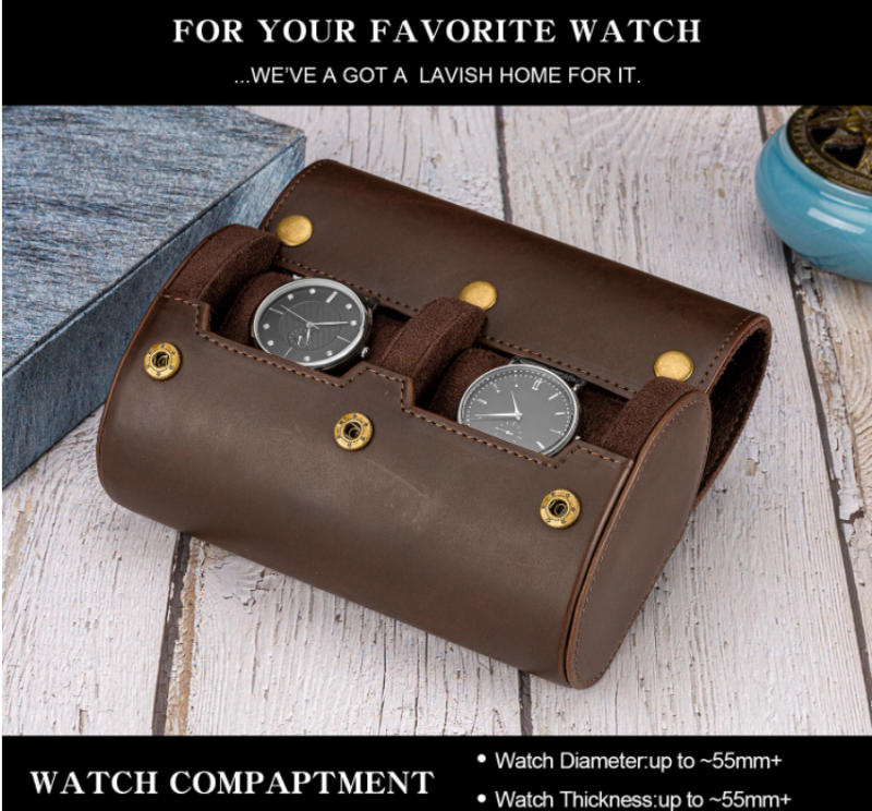 BUGOLINI ANTIQUS8 – 2 Slots Leather Watch Holder With Button Clasp - Retro Watch Holder - Genuine Leather - Coffee - Image 3