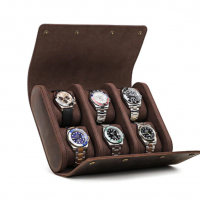 BUGOLINI AntiqusPro - 6 Slots Protective Case For Watches - Genuine Leather - With Button Closure - Brown