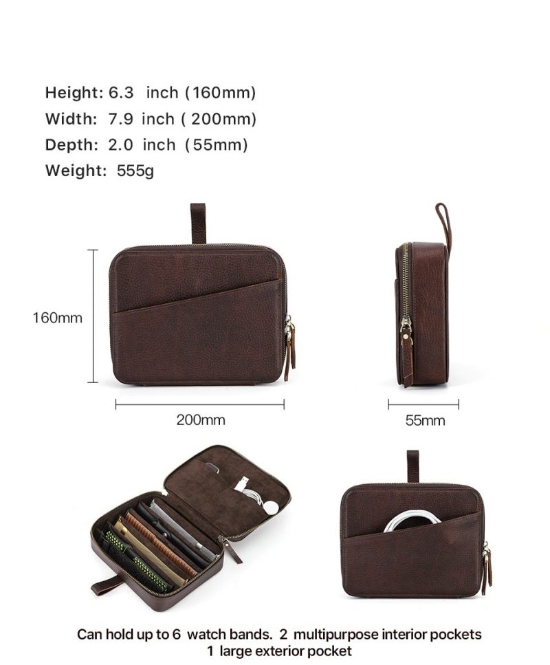BUGOLINI Oreana - 6 Slots Protective Case For Watch Straps - With Two Multifunctional Inner Pockets - With One Large Outer Pocket - Genuine Leather - With Button Closure - Brown - Image 5