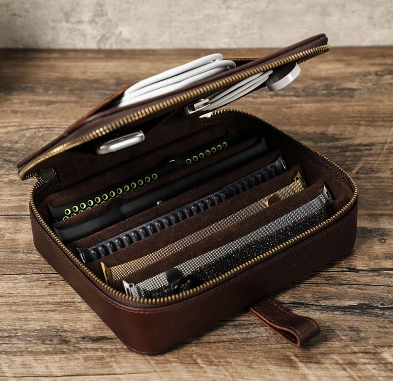 BUGOLINI Oreana - 6 Slots Protective Case For Watch Straps - With Two Multifunctional Inner Pockets - With One Large Outer Pocket - Genuine Leather - With Button Closure - Brown - Image 7