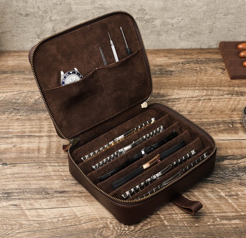 BUGOLINI Oreana - 6 Slots Protective Case For Watch Straps - With Two Multifunctional Inner Pockets - With One Large Outer Pocket - Genuine Leather - With Button Closure - Brown - Image 8