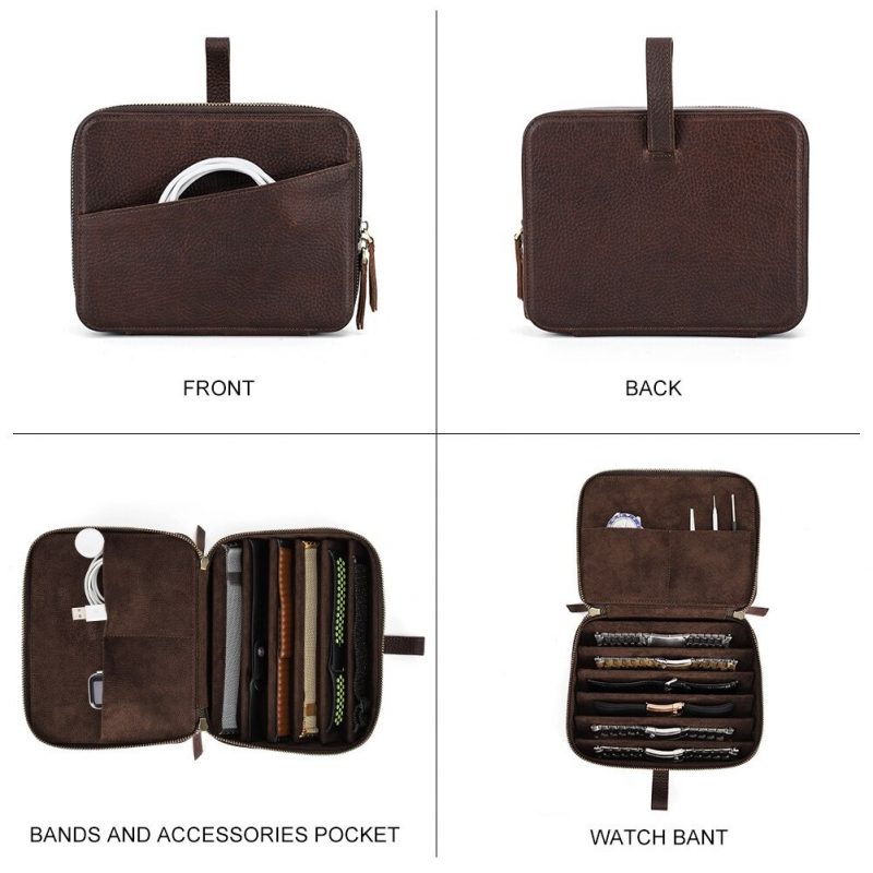 BUGOLINI Oreana - 6 Slots Protective Case For Watch Straps - With Two Multifunctional Inner Pockets - With One Large Outer Pocket - Genuine Leather - With Button Closure - Brown - Image 13