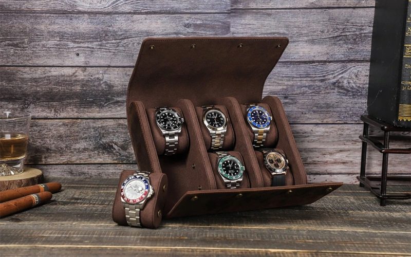 BUGOLINI AntiqusPro - 6 Slots Protective Case For Watches - Genuine Leather - With Button Closure - Brown - Image 4