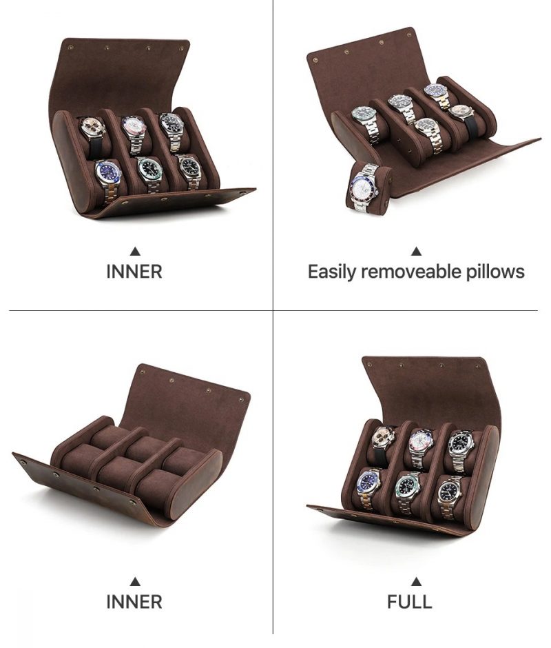 BUGOLINI AntiqusPro - 6 Slots Protective Case For Watches - Genuine Leather - With Button Closure - Brown - Image 11