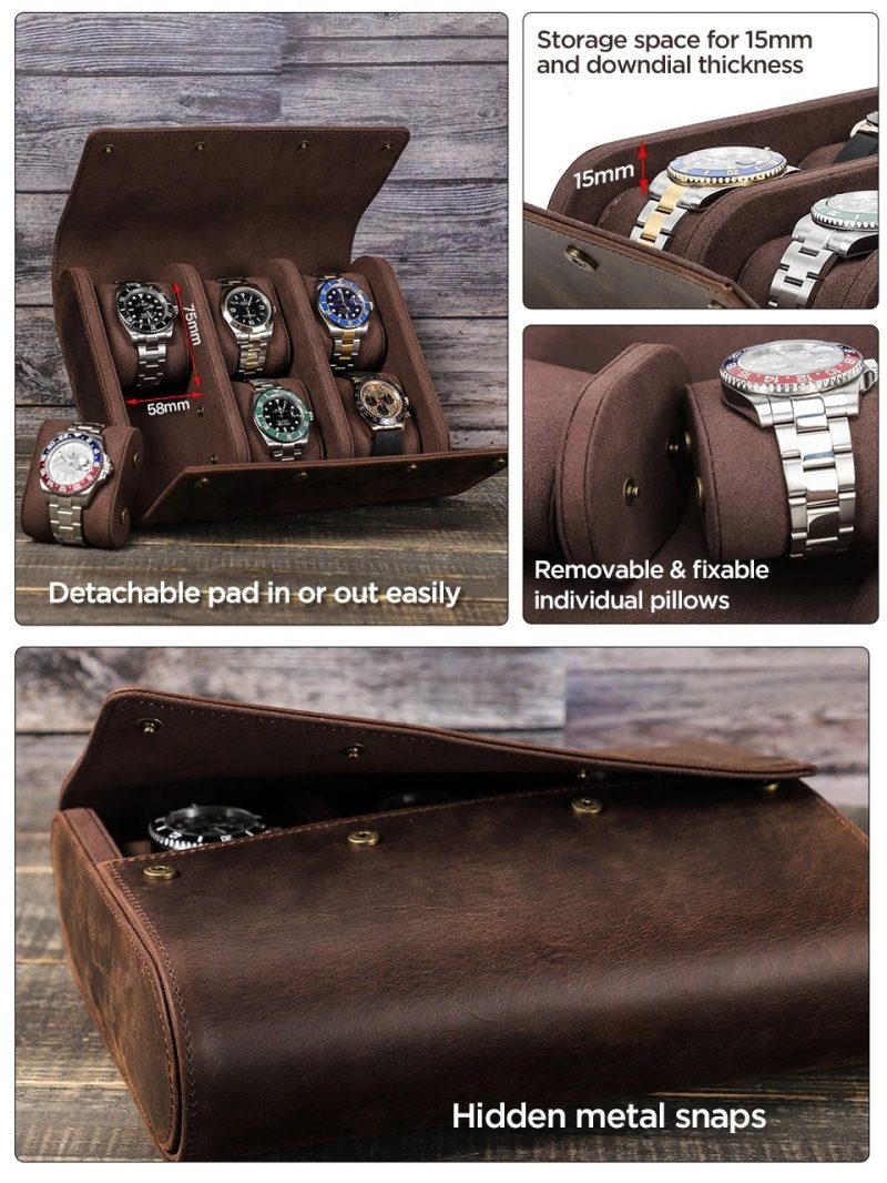 BUGOLINI AntiqusPro - 6 Slots Protective Case For Watches - Genuine Leather - With Button Closure - Brown - Image 12