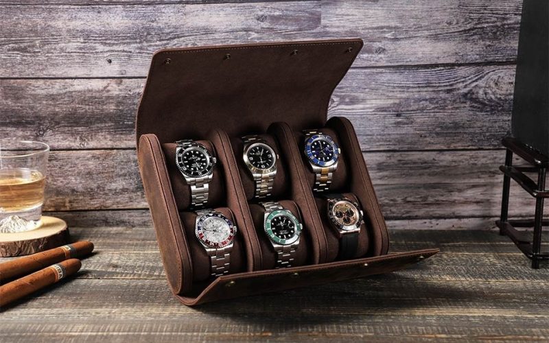 BUGOLINI AntiqusPro - 6 Slots Protective Case For Watches - Genuine Leather - With Button Closure - Brown - Image 5