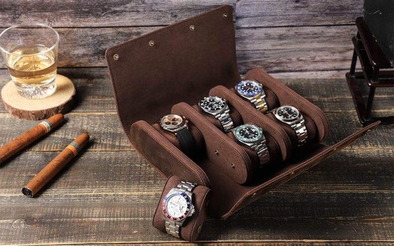 BUGOLINI AntiqusPro - 6 Slots Protective Case For Watches - Genuine Leather - With Button Closure - Brown - Image 6