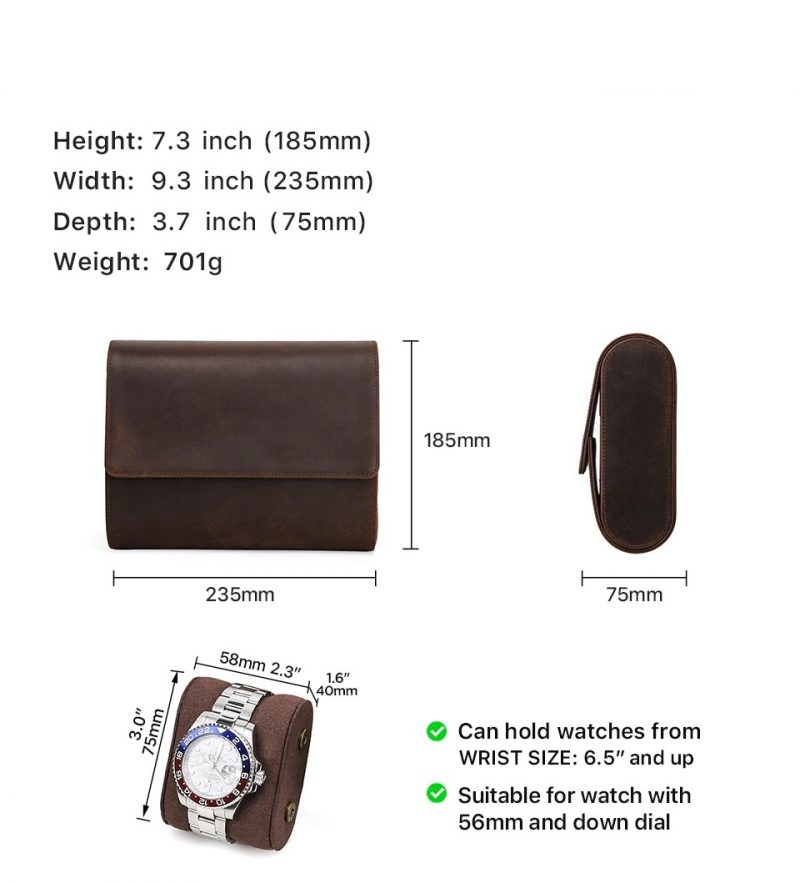 BUGOLINI AntiqusPro - 6 Slots Protective Case For Watches - Genuine Leather - With Button Closure - Brown - Image 9