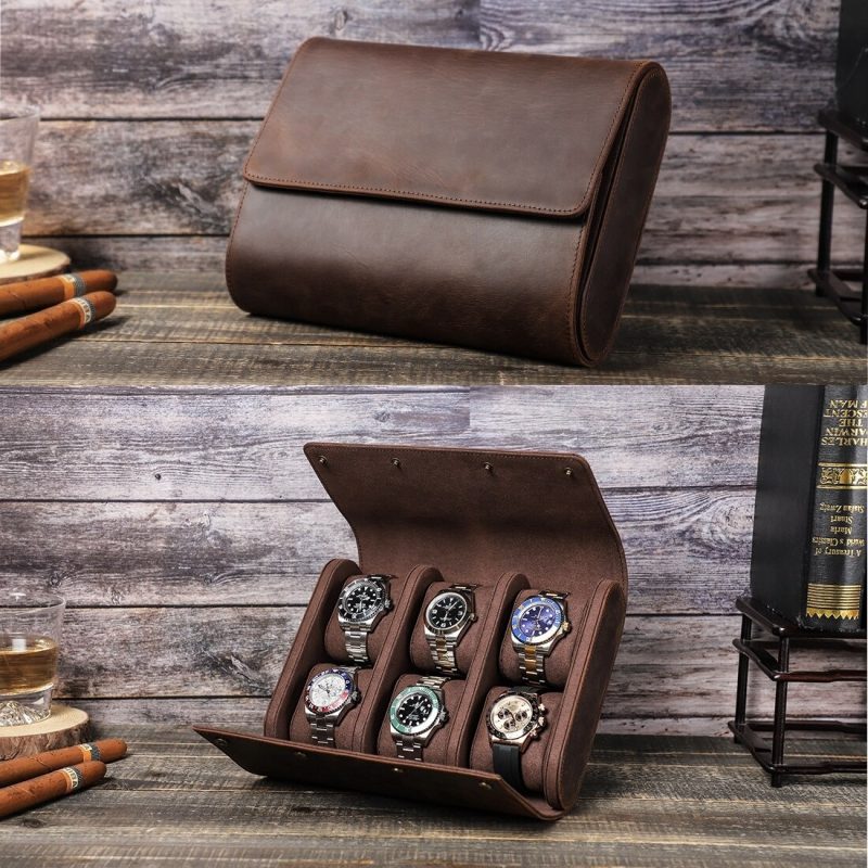 BUGOLINI AntiqusPro - 6 Slots Protective Case For Watches - Genuine Leather - With Button Closure - Brown - Image 13