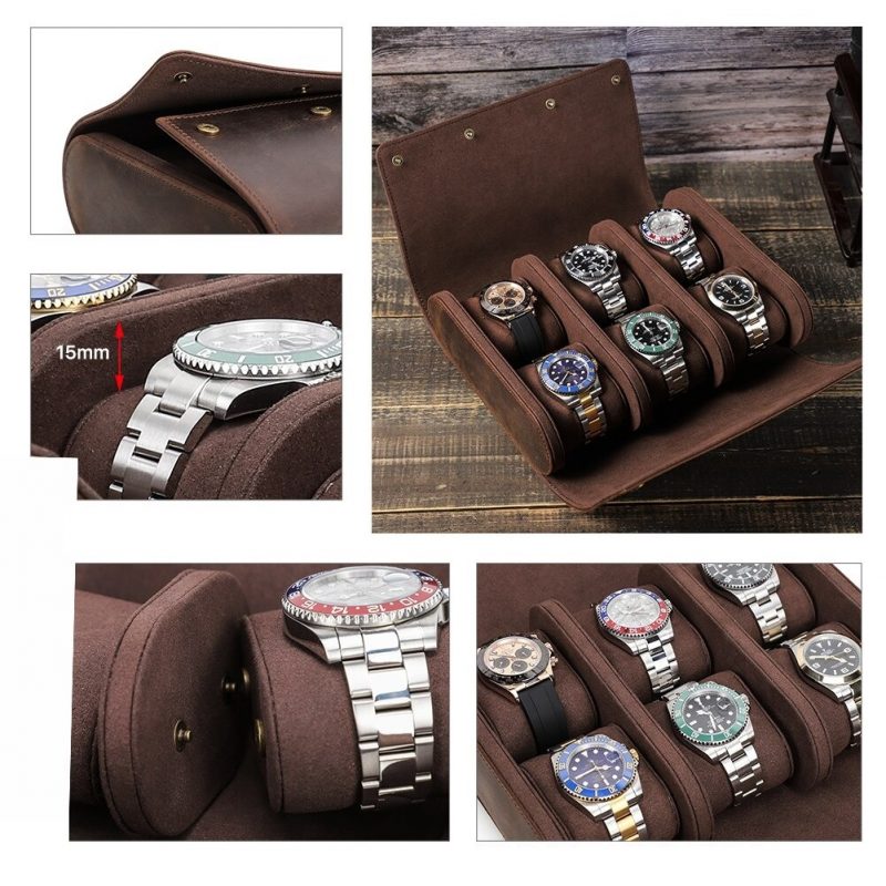 BUGOLINI AntiqusPro - 6 Slots Protective Case For Watches - Genuine Leather - With Button Closure - Brown - Image 14