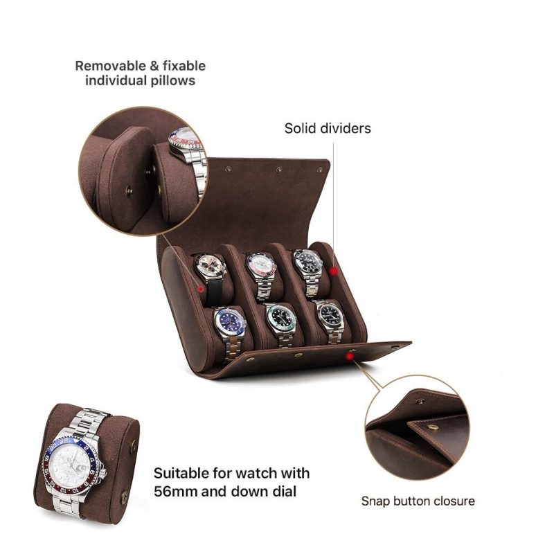 BUGOLINI AntiqusPro - 6 Slots Protective Case For Watches - Genuine Leather - With Button Closure - Brown - Image 16