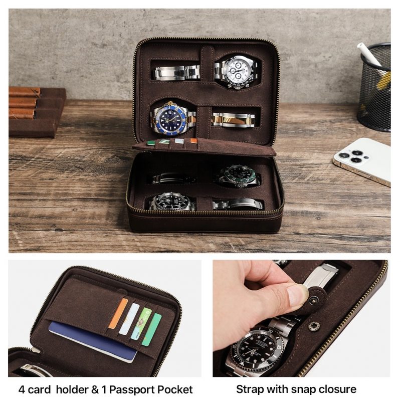 BUGOLINI Caia - Multifunctional Watch Holder - With Slots For 4 Cards And 1 Slot For Passport - Genuine Leather - Brown - Image 9