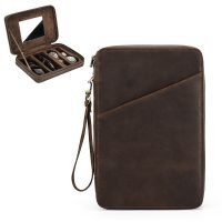 BUGOLINI Tobirama - Watch & Glasses Holder With Zipper - Retro Watch & Glasses Holder - Genuine Leather With Built-in Mirror - Suitable For 2 Watches & 2 Glasses - With Tablet Slot - Coffee