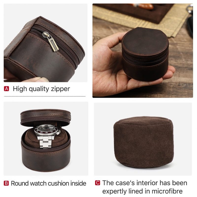 BUGOLINI Sarutobi - 1 Slot Leather Watch Holder With Zipper - Retro Watch Holder - Sincerus Leather - Coffee - Image 8