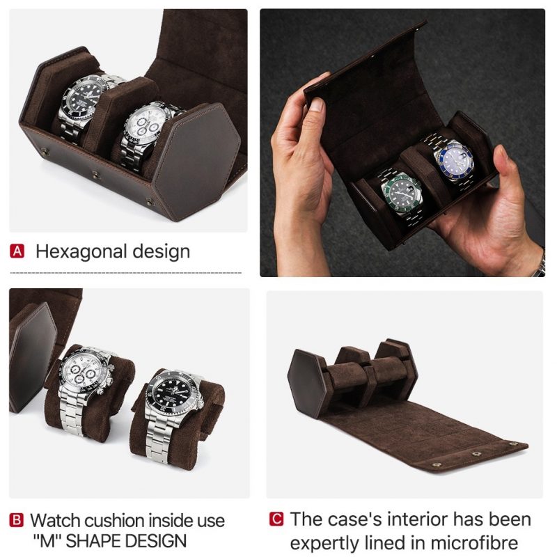 BUGOLINI Sasori-X - 2 Slot Leather Watch Holder With Button Clasp - Retro Watch Holder - Genuine Leather - Coffee - Image 3