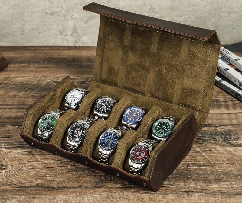 BUGOLINI AntiqusPro Deluxe - 8 Slot Leather Watch Holder With Button Clasp - Retro Watch Holder - Genuine Leather - Coffee - Image 2