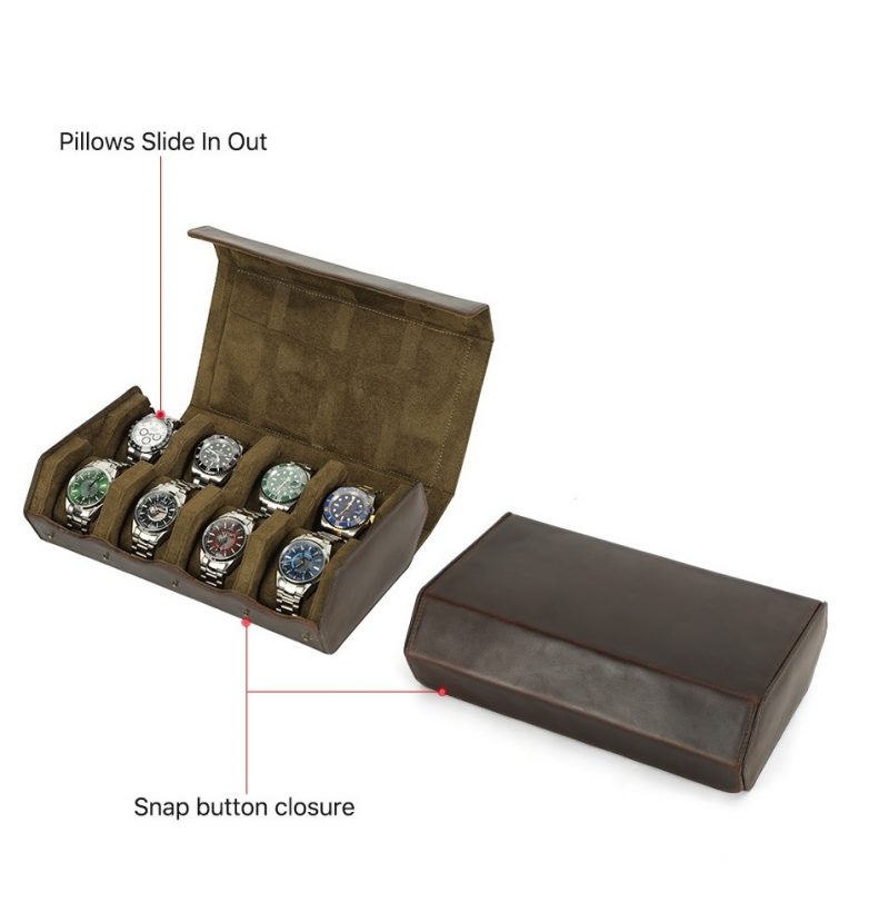 BUGOLINI AntiqusPro Deluxe - 8 Slot Leather Watch Holder With Button Clasp - Retro Watch Holder - Genuine Leather - Coffee - Image 5