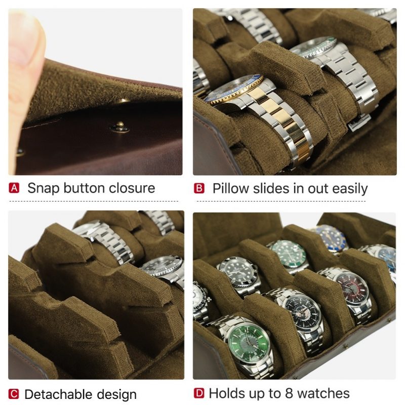 BUGOLINI AntiqusPro Deluxe - 8 Slot Leather Watch Holder With Button Clasp - Retro Watch Holder - Genuine Leather - Coffee - Image 4