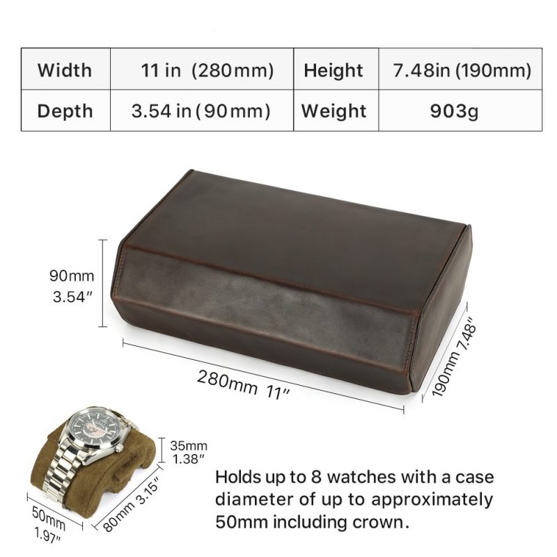 BUGOLINI AntiqusPro Deluxe - 8 Slot Leather Watch Holder With Button Clasp - Retro Watch Holder - Genuine Leather - Coffee - Image 7