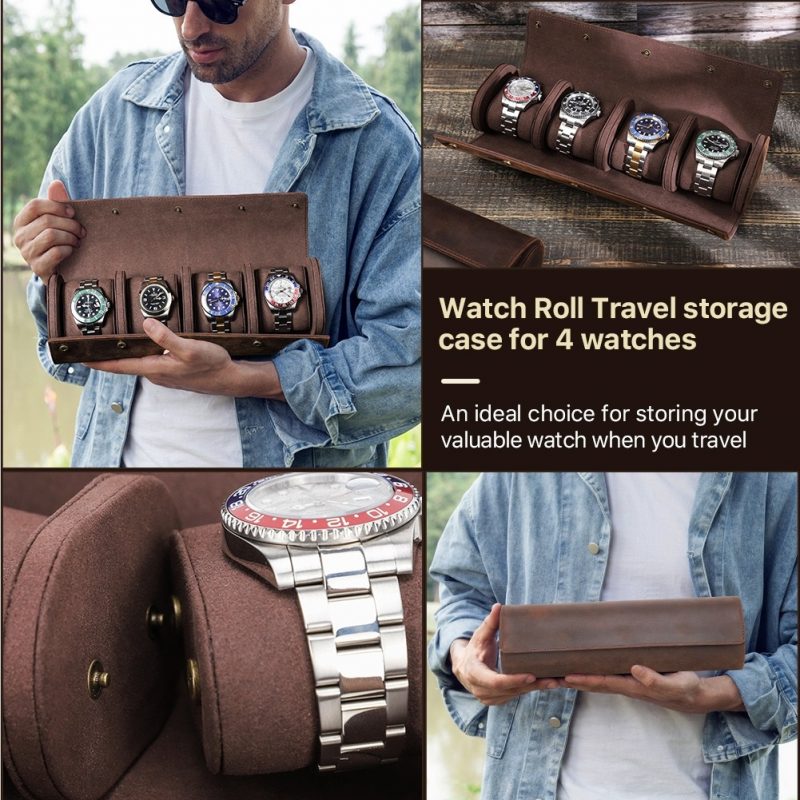 BUGOLINI ANTIQUSX - 4 Slots Leather Watch Holder With Button Closure - Retro Watch Holder - Genuine Leather - Coffee - Image 12