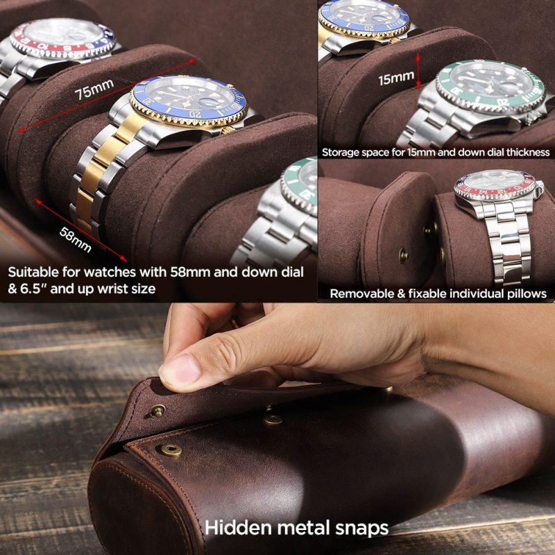 BUGOLINI ANTIQUSX - 4 Slots Leather Watch Holder With Button Closure - Retro Watch Holder - Genuine Leather - Coffee - Image 8