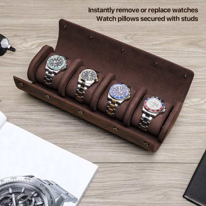 BUGOLINI ANTIQUSX - 4 Slots Leather Watch Holder With Button Closure - Retro Watch Holder - Genuine Leather - Coffee - Image 3
