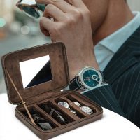 BUGOLINI Tobirama - Watch & Glasses Holder With Zipper - Retro Watch & Glasses Holder - Genuine Leather With Built-in Mirror - Suitable For 2 Watches & 2 Glasses - With Tablet Slot - Coffee - Image 3