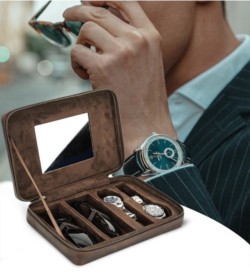BUGOLINI Tobirama - Watch & Glasses Holder With Zipper - Retro Watch & Glasses Holder - Genuine Leather With Built-in Mirror - Suitable For 2 Watches & 2 Glasses - With Tablet Slot - Coffee - Image 3