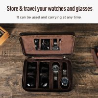BUGOLINI Tobirama - Watch & Glasses Holder With Zipper - Retro Watch & Glasses Holder - Genuine Leather With Built-in Mirror - Suitable For 2 Watches & 2 Glasses - With Tablet Slot - Coffee - Image 6
