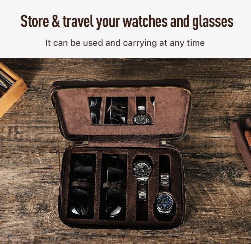 BUGOLINI Tobirama - Watch & Glasses Holder With Zipper - Retro Watch & Glasses Holder - Genuine Leather With Built-in Mirror - Suitable For 2 Watches & 2 Glasses - With Tablet Slot - Coffee - Image 6