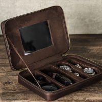 BUGOLINI Tobirama - Watch & Glasses Holder With Zipper - Retro Watch & Glasses Holder - Genuine Leather With Built-in Mirror - Suitable For 2 Watches & 2 Glasses - With Tablet Slot - Coffee - Image 7