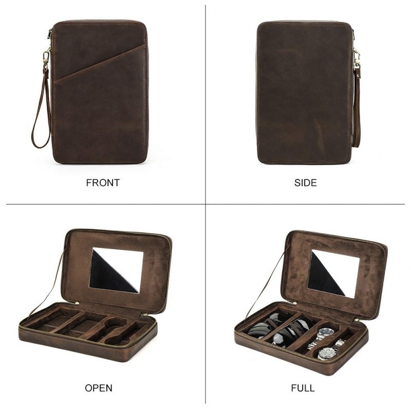BUGOLINI Tobirama - Watch & Glasses Holder With Zipper - Retro Watch & Glasses Holder - Genuine Leather With Built-in Mirror - Suitable For 2 Watches & 2 Glasses - With Tablet Slot - Coffee - Image 8