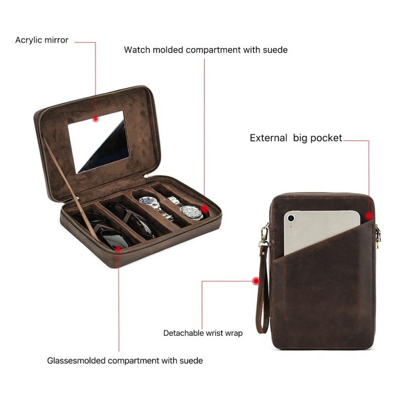 BUGOLINI Tobirama - Watch & Glasses Holder With Zipper - Retro Watch & Glasses Holder - Genuine Leather With Built-in Mirror - Suitable For 2 Watches & 2 Glasses - With Tablet Slot - Coffee - Image 9
