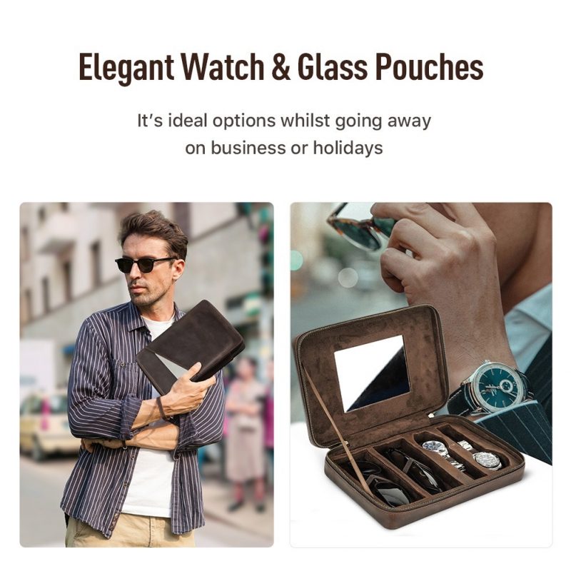 BUGOLINI Tobirama - Watch & Glasses Holder With Zipper - Retro Watch & Glasses Holder - Genuine Leather With Built-in Mirror - Suitable For 2 Watches & 2 Glasses - With Tablet Slot - Coffee - Image 10