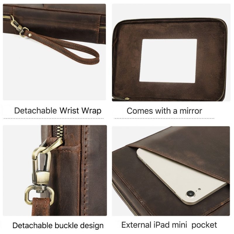 BUGOLINI Tobirama - Watch & Glasses Holder With Zipper - Retro Watch & Glasses Holder - Genuine Leather With Built-in Mirror - Suitable For 2 Watches & 2 Glasses - With Tablet Slot - Coffee - Image 11