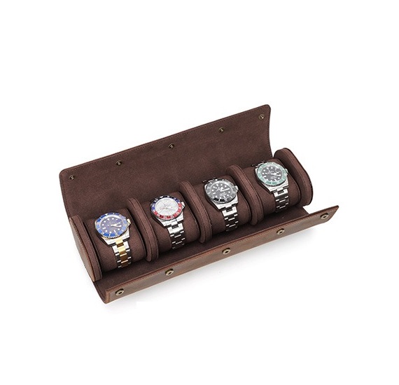 BUGOLINI ANTIQUSX - 4 Slots Leather Watch Holder With Button Closure - Retro Watch Holder - Genuine Leather - Coffee