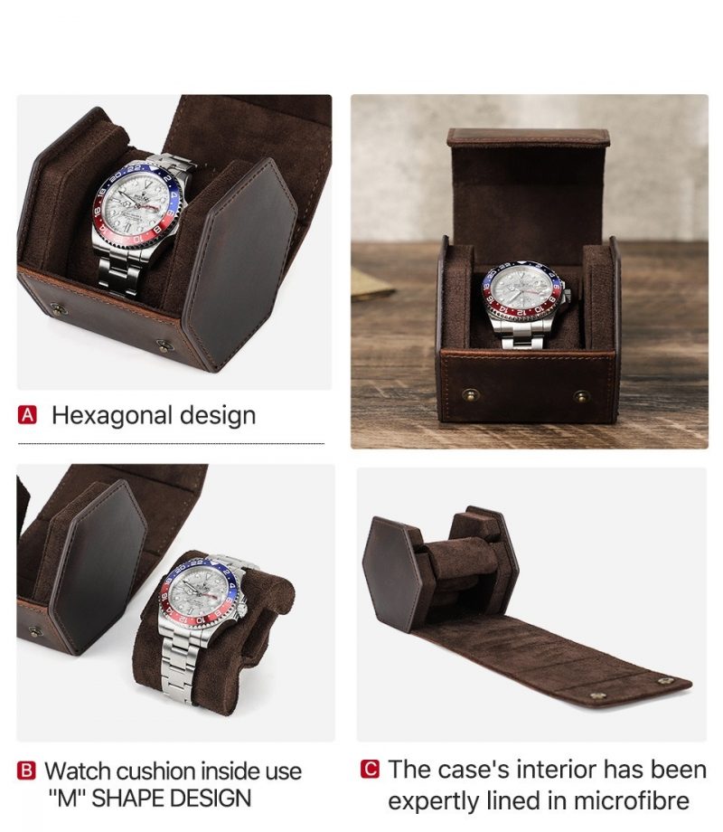 BUGOLINI Sasori - 1 Slot Leather Watch Holder With Button Clasp - Retro Watch Holder - Genuine Leather - Coffee - Image 10