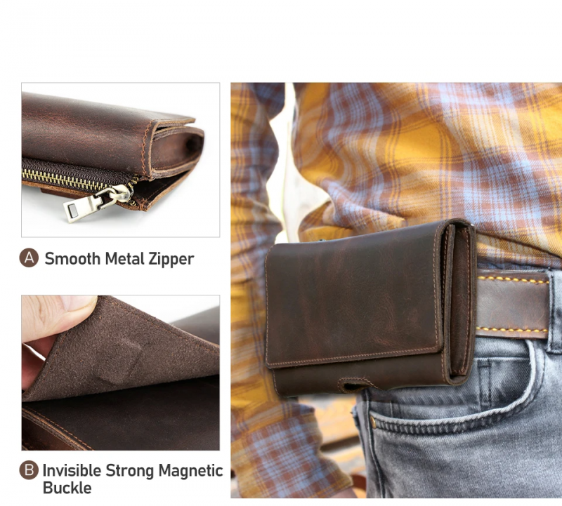BUGOLINI Milian – Leather Phone Waist Bag – Magnetic Closure – Up to 6.7 Inch – Pocket for Bills – Phone Holder – Space for 3 Cards – Coffee - Image 7
