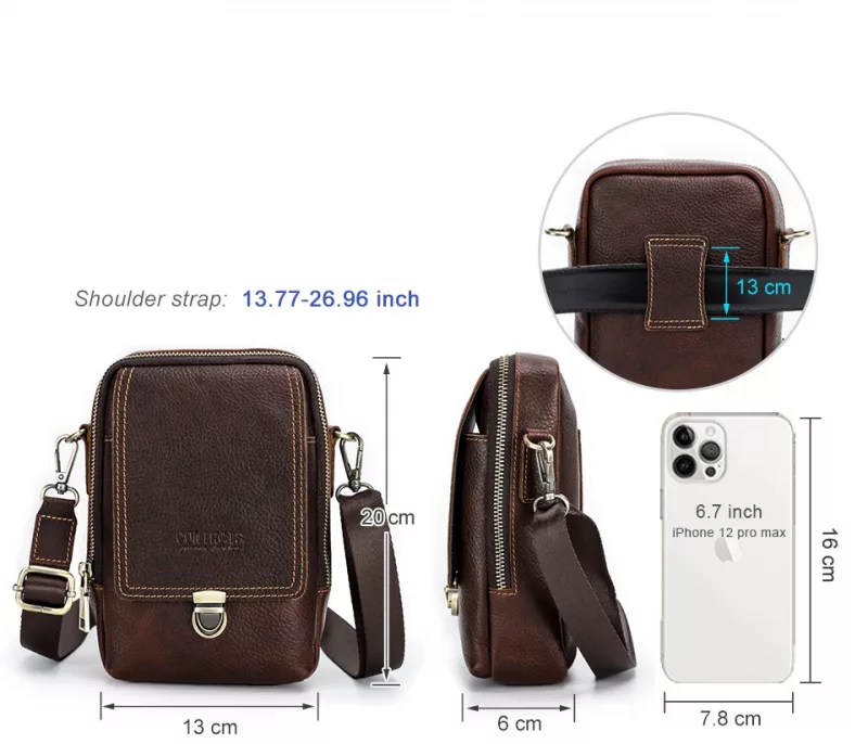 BUGOLINI Tyranus - Leather Men's Phone Bag with Shoulder Strap - For Phones Up to 6.7 Inch - Adjustable and Detachable Strap - Zipper and Magnetic Closure - 3 Pockets - Coffee - Image 14